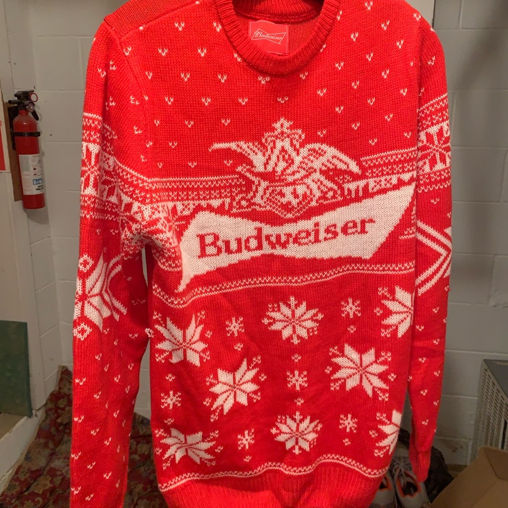 Budweiser Logo Knit Christmas Sweater Size Small Unisex Red & White